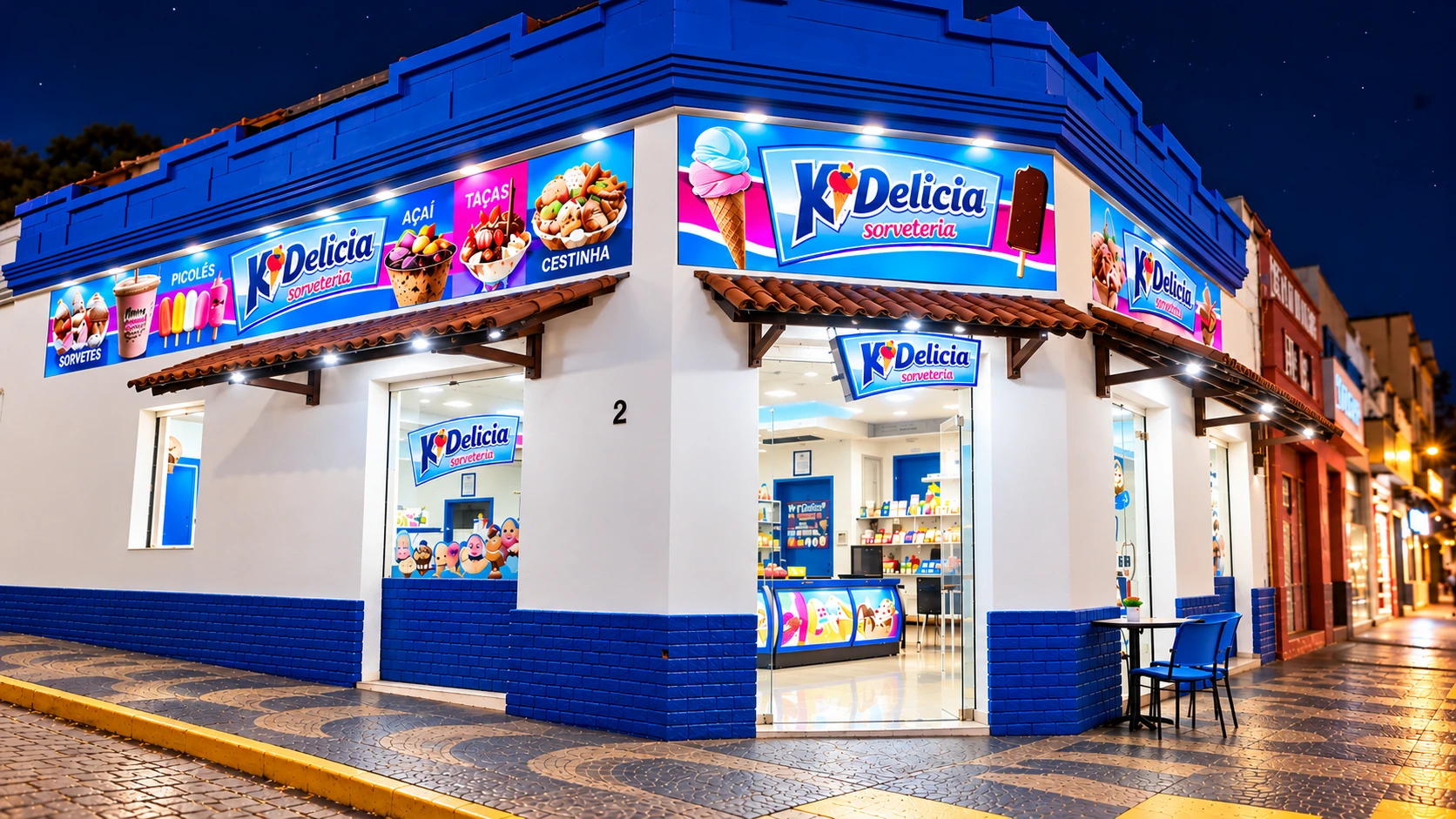 Fachada iluminada da Sorveteria Ki-Delícia em Piratininga — letreiro azul e pink, vitrine e entrada